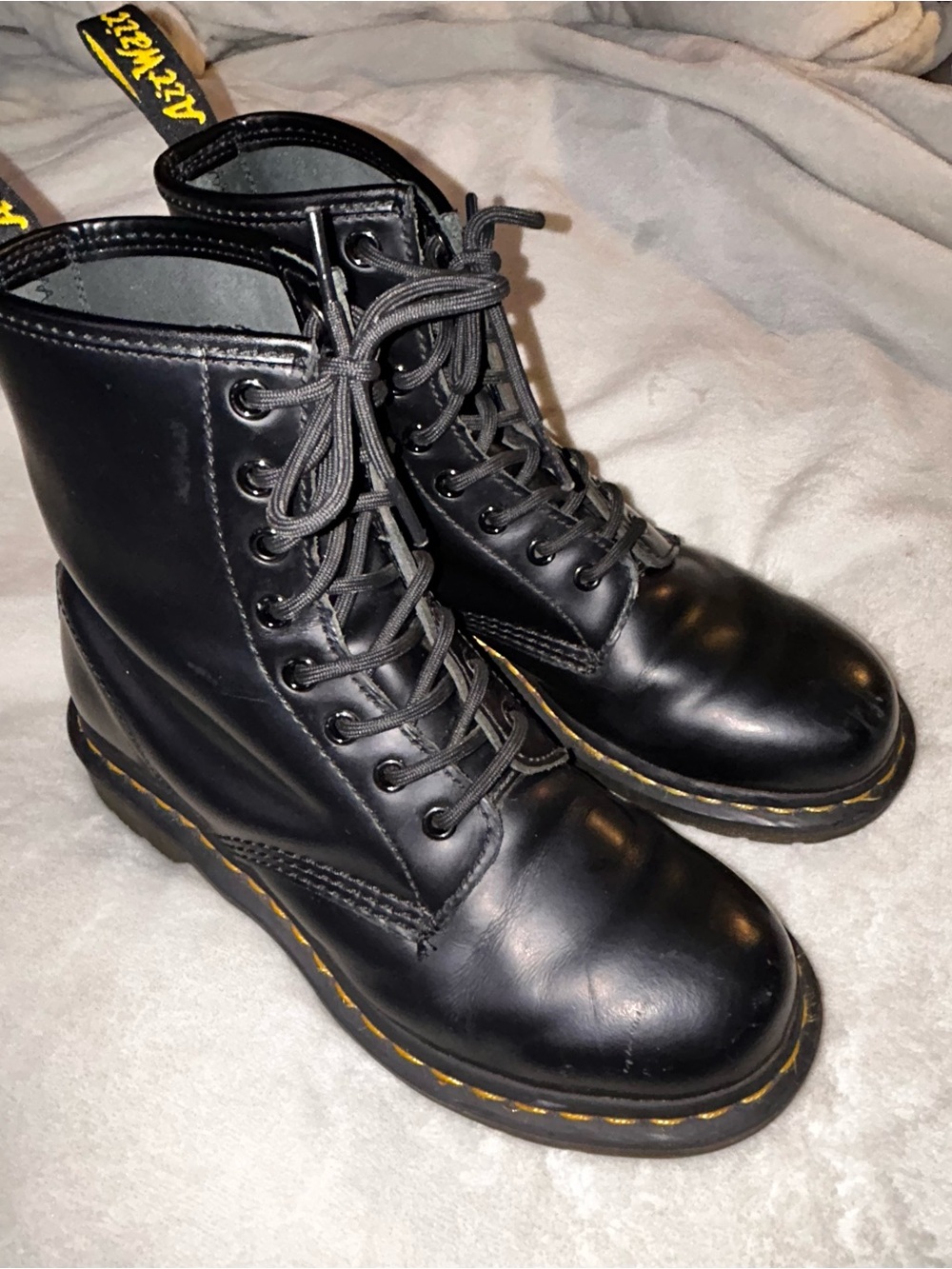 Dr. Martens Black Leather Lace-Up Boots with Yellow Stitching